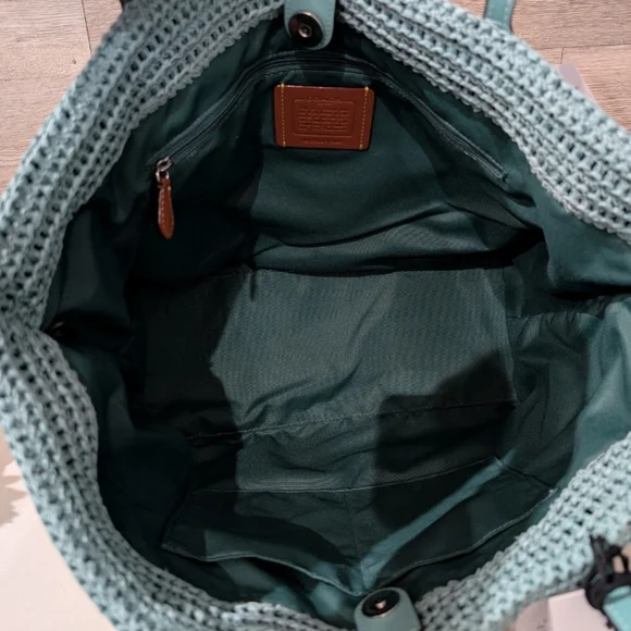 New Coach Straw Blue and Green Woven City Tote Bag - Picture 5 of 7